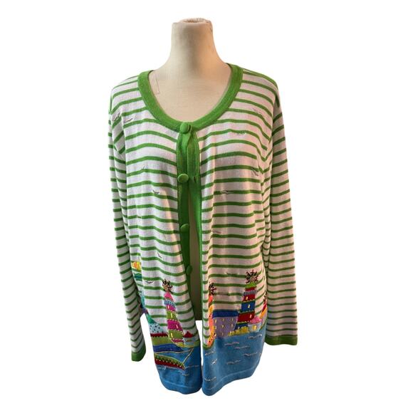 Quacker Factory Sweaters - Quacker Factory women's striped cardigan with an embroidered lighthouse